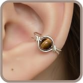 Sterling Silver Tiger Eye Clip On Ear Cuff, Non Piercing Dainty Huggie Gemstone Earring
