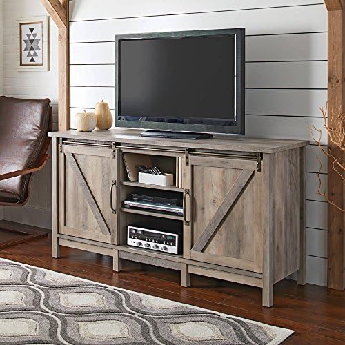 Modern TV Stand for TVs up to 60", Rustic Gray Finish with 2 Sliding Barn Doors and 6 Adjustable Shelves