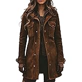 ZWRXW Faux Suede Leather Jacket for Women Midi Long Shacket Coats Vintage Brown Jackets Fashion Long Trench Coat Windbreaker