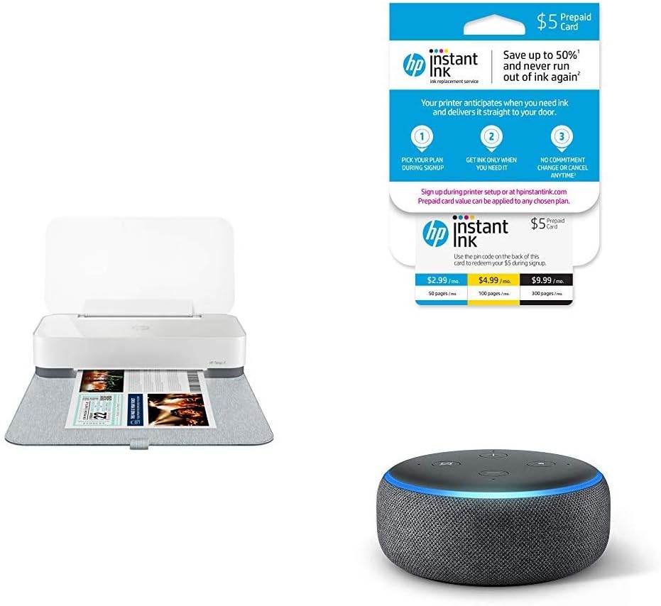 HP Tango X Smart Home Printer with Indigo Linen-Cover with Instant Ink 5 Dollar Prepaid Card and Echo Dot (3rd Gen) - Smart Speaker with Alexa - Charcoal