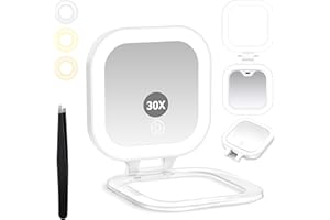 GOMIPURU Travel Mirror with Light, Compact Mirrors, 1x/30x Magnifying Mirror with 3 Color Lights and Adjustable Brightness, 4.5x3.9 inch Small Compact Hangable Hand Pocket Mirrors, Comes with Tweezer