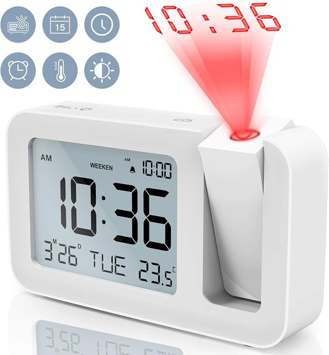 Réveil Projecteur Plafond 180° - Horloge Numérique LED Avec Projection, écran 7,9", Température, Date - Luminosité Réglable, USB, Mémoire - Pour Chambre, Bureau - 10