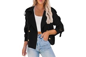 Women Crop Double Breasted Trench Coat Raglan Sleeve Work Office Cropped Jacket Fall Winter Outerwear with Pockets Black