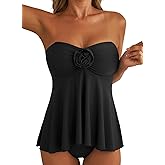 Aleumdr Womens Tankini Swimsuit Flower Flyaway Two Piece Bathing Suit Bandeau Swim Top with High Waisted Bottom
