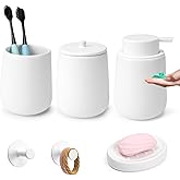 Ceramic Bathroom Accessories Set 6 Pcs, White Bathroom Accessory Set Includes Liquid Soap Dispenser with Rust-Proof Plastic Pump, Bathroom Cup, Qtip Holder, Soap Dish, 2Pcs Adhesive Hooks for Home