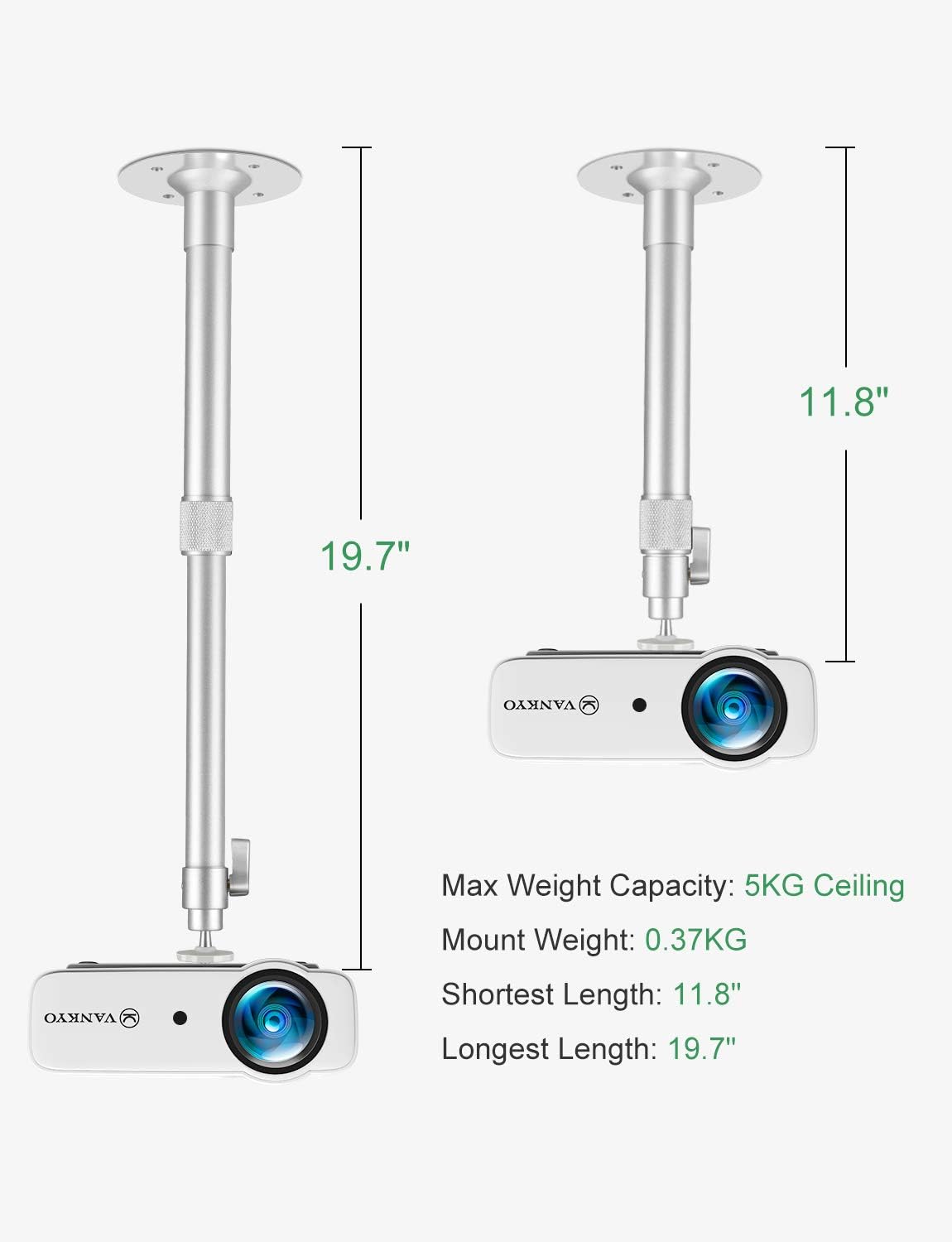 VANKYO Universal Extending Projector Ceiling Mount with Height Extendable Length 11.8" - 19.7" Adjustable 360°Angle Rotatable Drop Ceiling Projector Mount, Compatiable with VANKYO Leisure 3: MP3 Players & Accessories