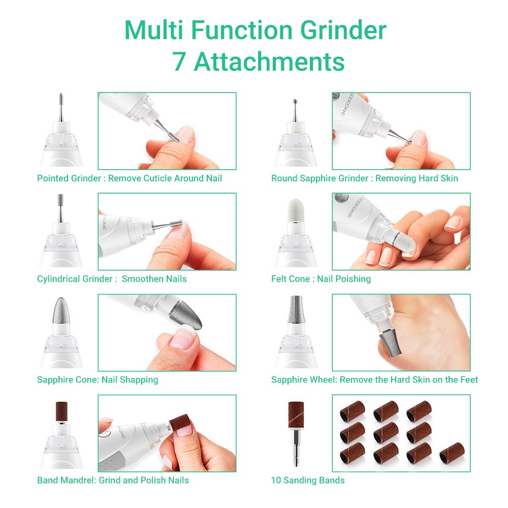 SEEKONE Electric Manicure and Pedicure Set, Professional Powerful Nail Drill Kit Salon Quality Nail File Tools for Foot and Hand Care with 7 Attachments, 5 Speed Settings and Storage Case (White) : Beauty