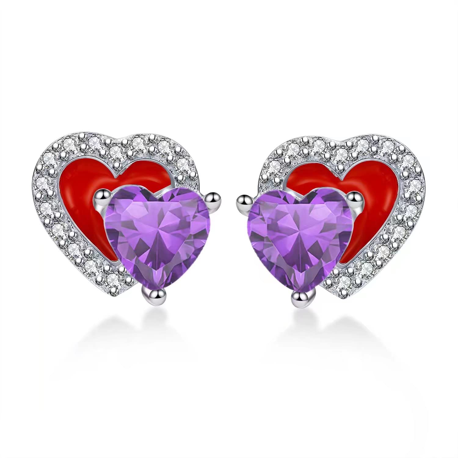 Qings February Birthstone Amethyst Stud Earrings 925 Sterling Silver Red Enamel Double Heart Purple CZ Dainty Birthdays Gifts for Girlfriend Daughter