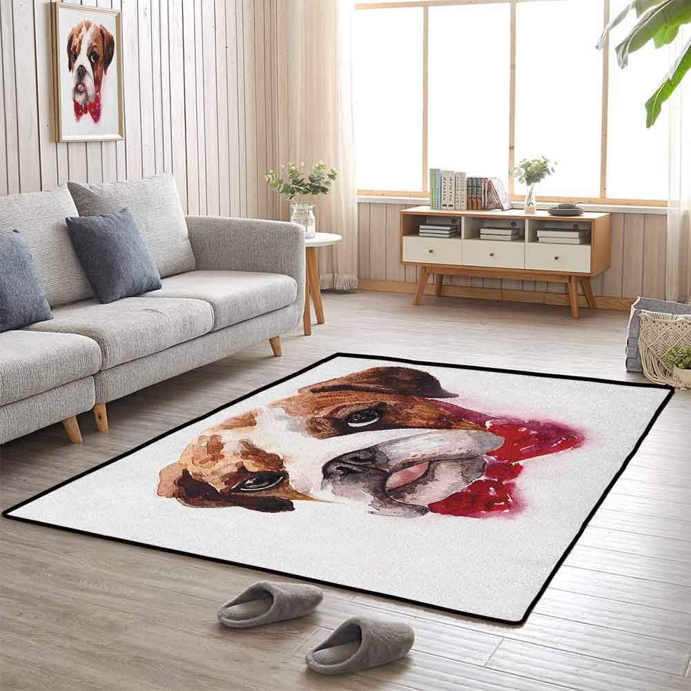 English Bulldog Indoor/Outdoor Rug Mat Watercolor Dog Portrait with a Bow Tie Design Brush Stroke Effect Extra Large Bedroom Rug 4'x6' Brown Ruby Black