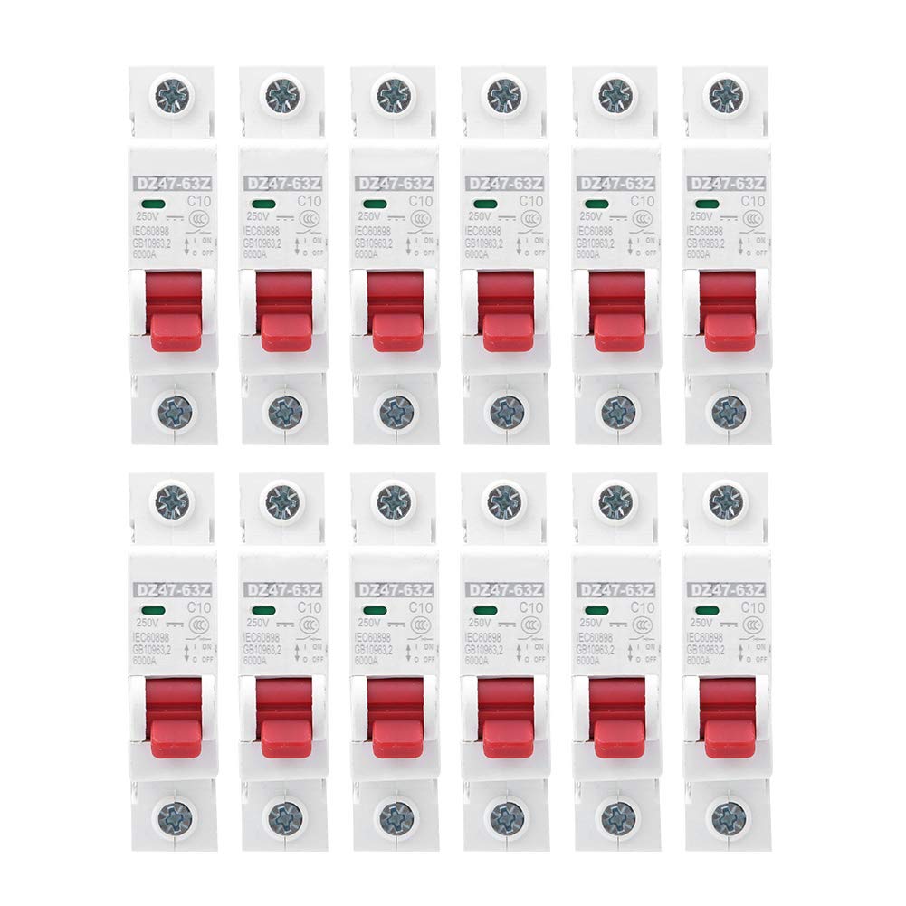 DC Miniature Circuit Breaker,12 Pcs DC 250V Miniature Circuit Breaker 1P Din Rail Mount Overload Protection Switch for Lighting Distribution Lines Solar PV System(10A)