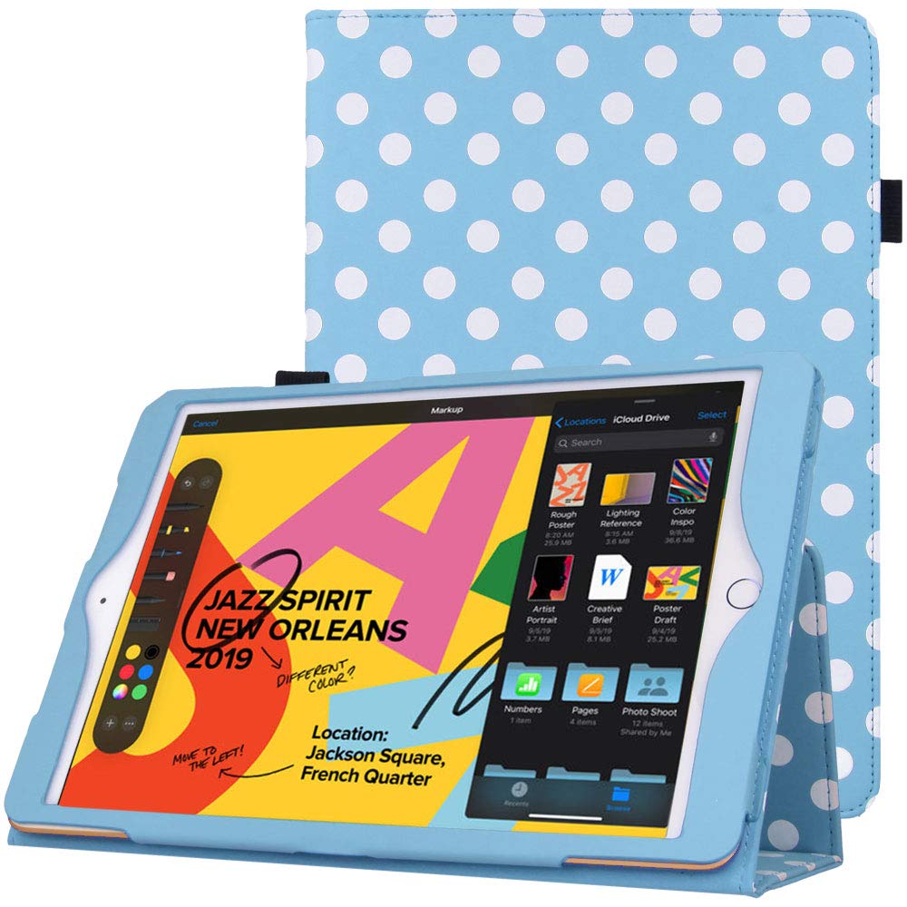 TECHGEAR Leather Case for Apple iPad 10.2" 2021/2020 / 2019 [9th / 8th / 7th Generation] Premium PU Leather Slim Folio Case Cover with Stand, Hand Strap & Auto Sleep/Wake Function [Blue Polka Dot] — image 1