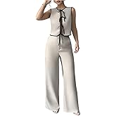 OYOANGLE Women's Two Piece Dressy Outfit Tie Up Tank Top Zipper Fly Wide Leg Pants Matching Sets