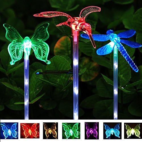 Outdoor Solar Garden LED Light – STERWELL Solar Powered Garden Stake Light Chameleon Multi-color Changing LED Light, with a White LED Light Stake, Pack of 3 (Hummingbird)