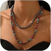 Aonklot Western Jewelry Navajo Pearl Necklace for Women Turquoise Red Bead Long Statement Necklace Gifts Country Concert Outfits