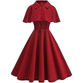 ODIZLI Women's 1950s Retro Dress Short Sleeve Swing Midi Dress Cocktail Rockabilly Dresses with Peter Pan Collar Shrug Shawl