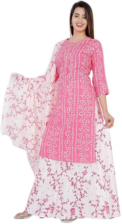 Jaipur Rayon Pink Bandhej Kurti Skirts with Dupatta Set