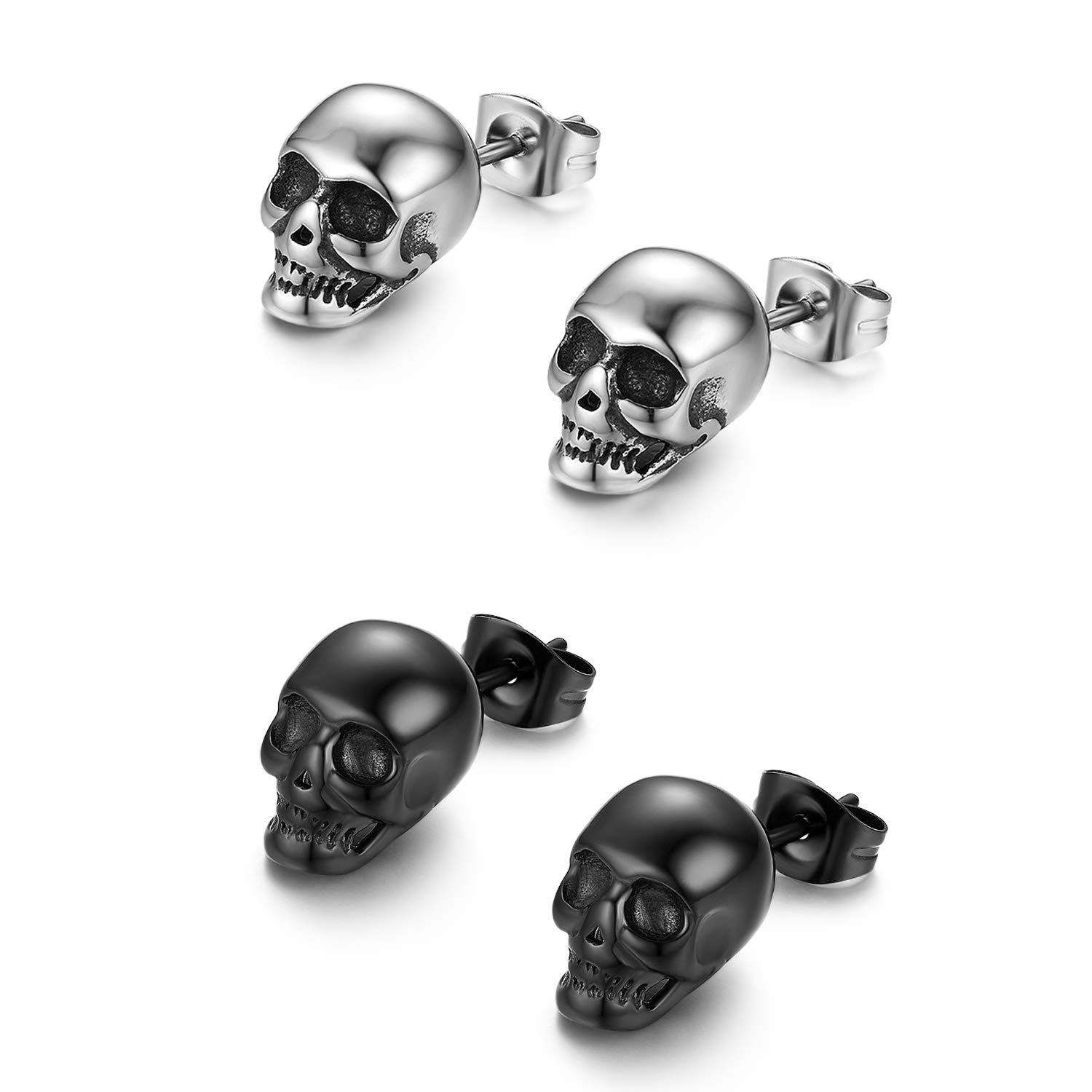 JewelryWe 2 Pairs of Mens Skull Stud Earrings Punk Rock Style Hip Hop Stainless Steel Earring(Black/Silver)