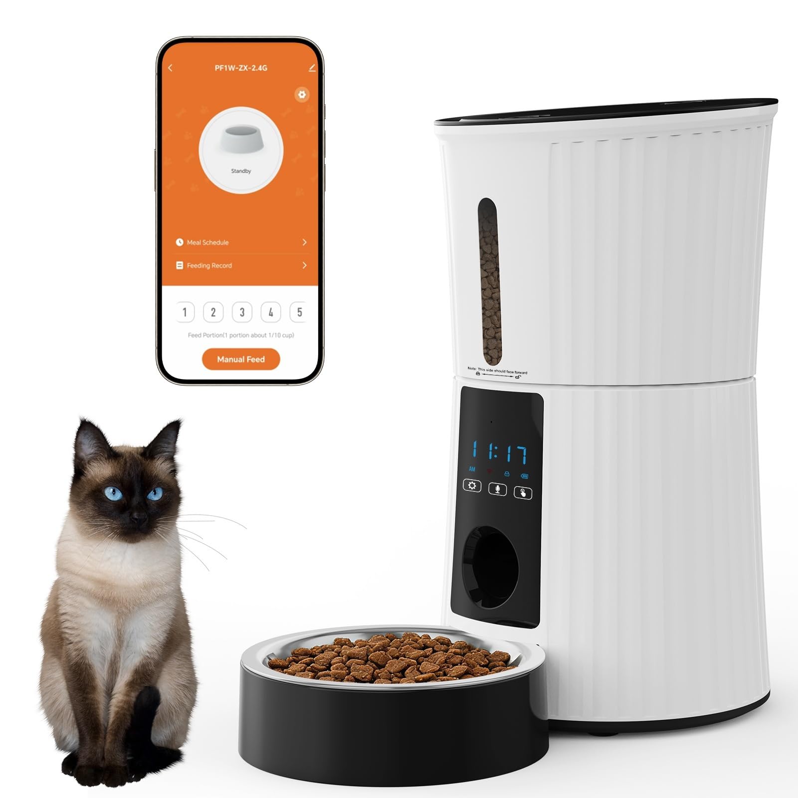 NEWBULIG Automatic Cat Feeder, 4L Timed Pet Feeders with 10s Voice Recorder, Dog Food Dispenser with APP Control, Dry Food, 10 Meals, Programmable 50 Portions, Dual Power Supply, Desiccant Bag