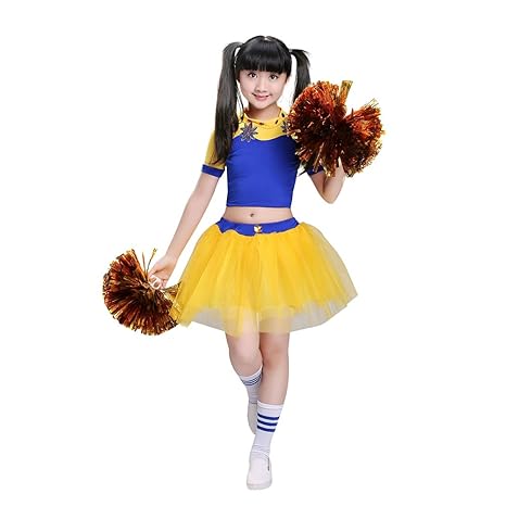 Kinder Mädchen Cheerleader Cheerleading Kostüm Uniform Karneval Fasching Party Halloween Kostüm Kleid Tutu Rock mit 2 Pompoms