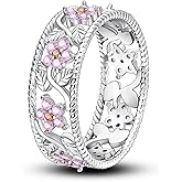 Hapour 925 Sterling Silver Women Rings with Pink Flower Cubic Zirconia, Stackable Eternity Rings Statement Rings for Women Size 6-9