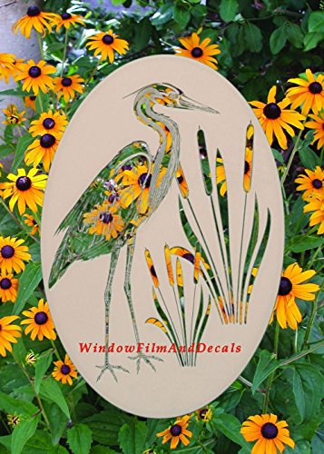 Oval Egret & Cattails Left Etched Window Decal Vinyl Glass Cling - 21" x 33" - White with Clear Design Elements