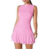 SOLY HUX Women's Sleeveless Ruched Layered Ruffle Hem Mini Dress Bodycon Dresses