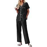 Ekouaer Women's 100% Cotton Pajamas Set Short Sleeve Button Down Pjs 2 Piece Soft Sleepwear with Long Pants Lounge Set