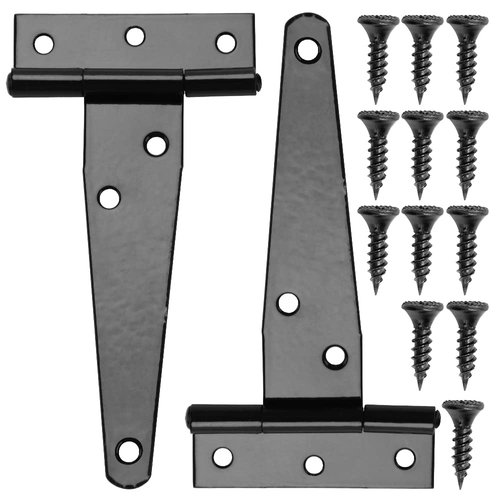 YIXISI 2 PCS 4 Inch Tee Hinge, T-Strap Hinges with 12 Screws, Tee Hinge for Wooden Door Gate, Metal Strap Tee Hinge, Door Hinge for Windows, Fence, Sheds and Barn (Black)