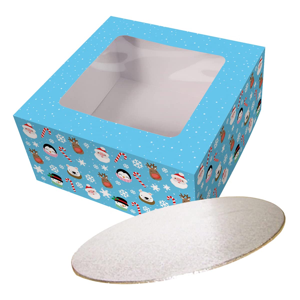 Culpitt Christmas Friends Cake Box & Silver Cake Board, Cake Card and Box Combo For Christmas Bakes and Festive Treats - 10 inch