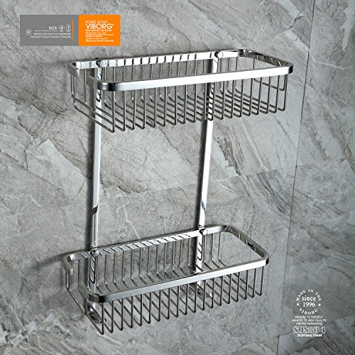 VIBORG Deluxe Solid Thick SUS304 Stainless Steel Wire Wall Mount Mounted Double Tier 2-tier Bathroom Rectangle Shower Basket Caddies Bath Caddy Shelf Organizer Storage for Shampoo Conditioner. XS-805-