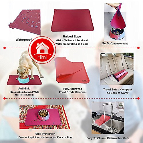 Himi Silicone Pet Food Mat 19"x12" - FDA Silicone Waterproof Dog bowl mat, Non Slip Dog bowl Pet Food Mat Placemet Tray - Pet Bowl Feeding Mat - Small and large dog food mat - Pet Bowl Tray (Red) - Thumbnail 5