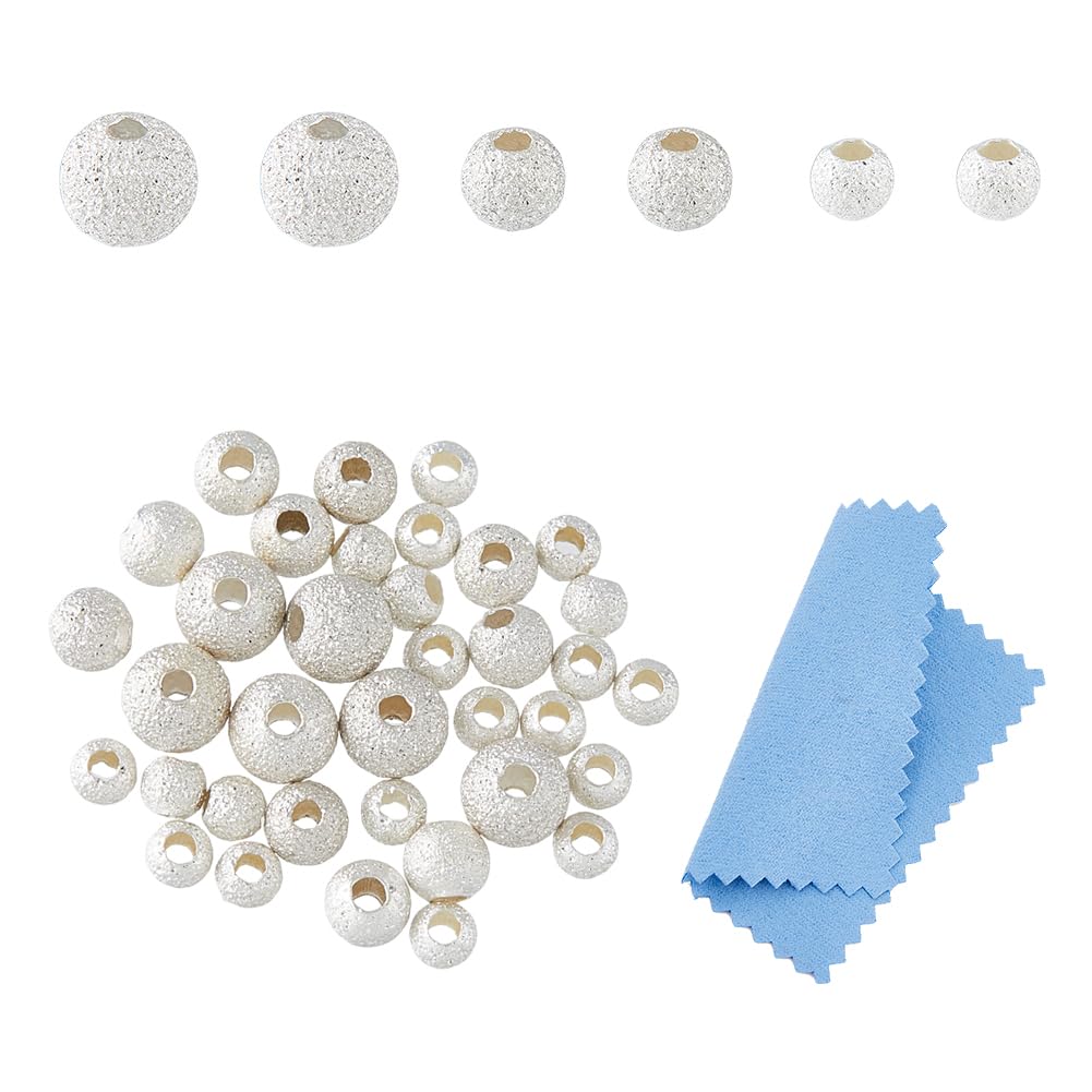 DICOSMETIC 36Pcs 3 Sizes 925 Sterling Silver Round Spacer Beads 3/4/5mm Forsted Ball Loose Beads Seamless Silver Beads with Suede Polishing Cloth for DIY Jewelry Making, Hole: 1-1.5mm