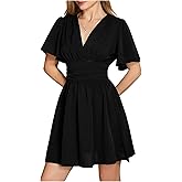 Milumia Women's Summer Casual Wrap V Neck Short Sleeve Dress Ruched A Line Flare Flowy Swing Short Dresses