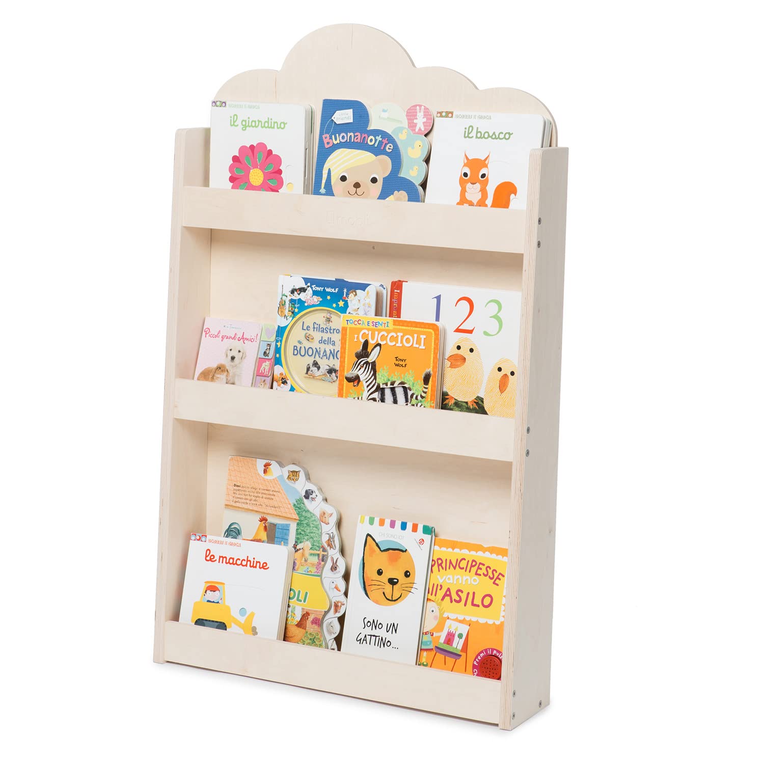 Dotty by moblì® | The Montessorian bookcase for children | 3-height shelves in natural wood | Frontal educational bookshelf | Space saving and customizable | Made in Italy (Natural Wood, Cloud)