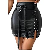WDIRARA Women's PU Leather High Waisted Bodycon Skirts Belted Ruched Split Hem Short Skirt