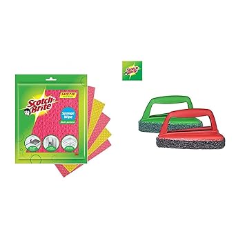 Scotch-Brite Sponge Wipe 5 Pcs Pack (Multipurpose) & Fibre Bathroom Scrubber Brush