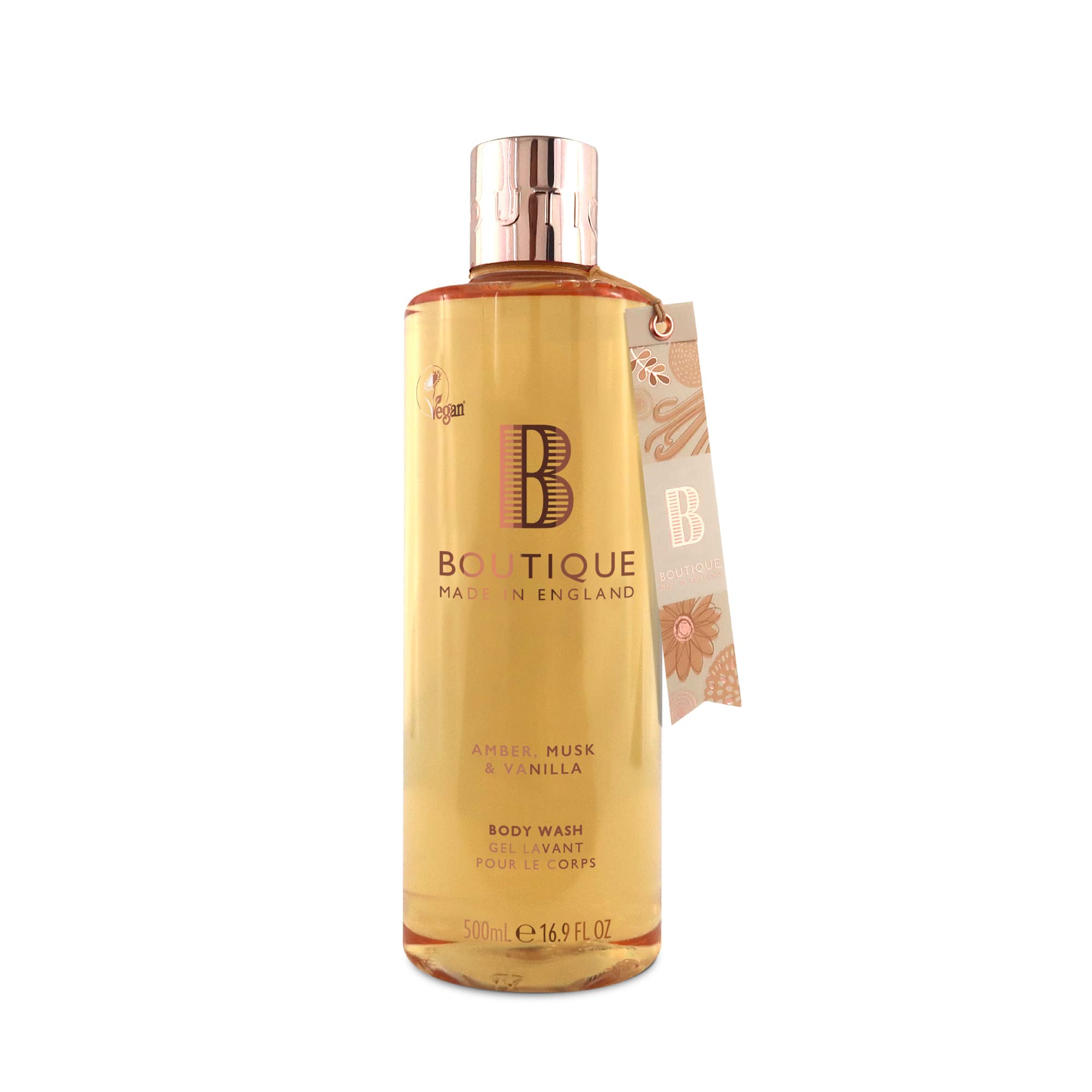 Boutique Amber, Musk & Vanilla Fragrance Refreshing Body Wash 500ml - Relaxing Blend of Essential Oils - Vegan and Cruelty Free, No SLS or Parabens - Made In England