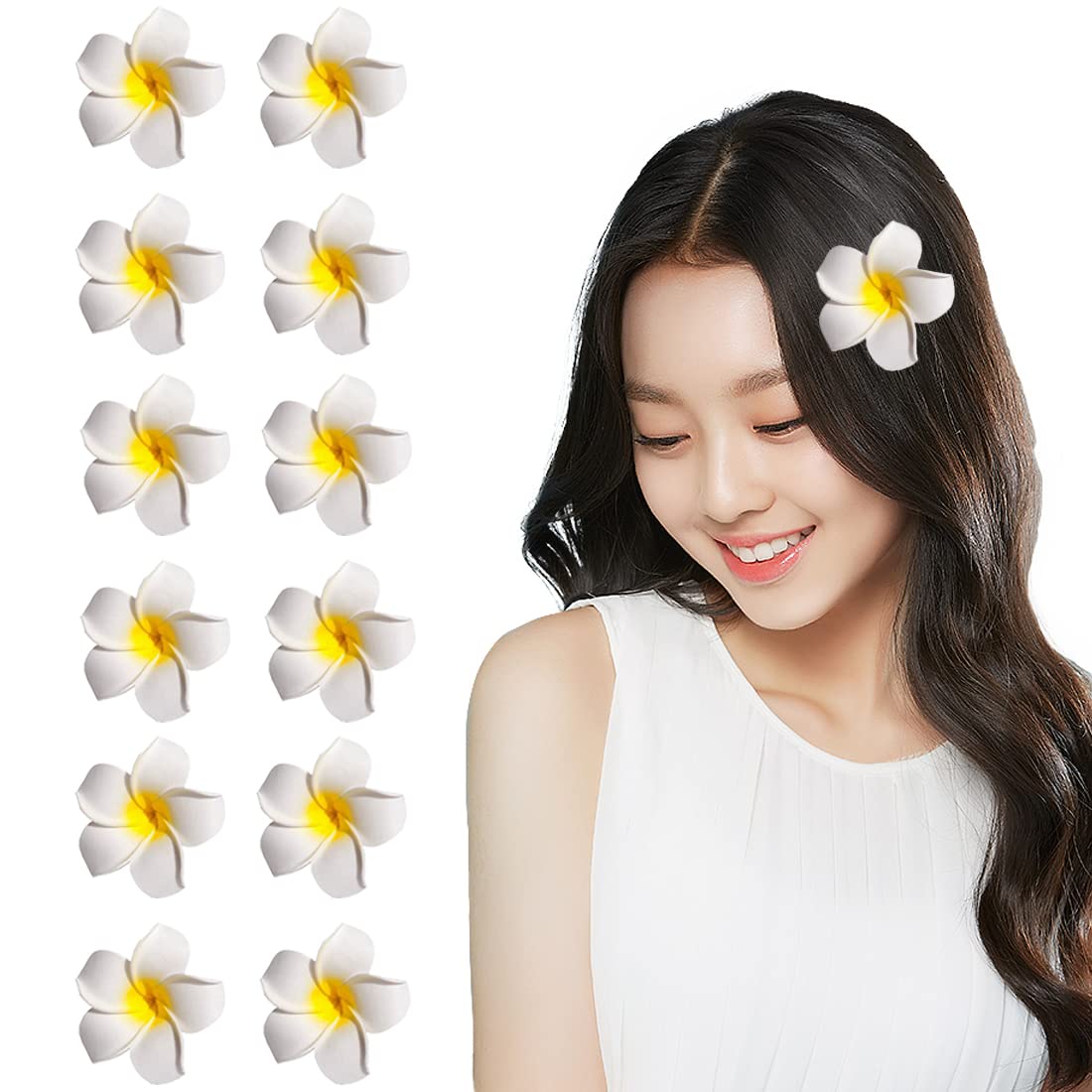 12Pcs 2.3inch White + Yellow Artificial Plumeria Flowers Clips Hairpins Foam Hawaiian Frangipani Flower Hair Clips for Women Girls Wedding Daily Party