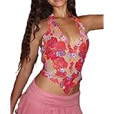 TUWIXIUW Women Floral Mesh Halter Top Flower Embroidered Sheer Tank Crop Tops Y2K Coquette Lace Up Backless Camisole