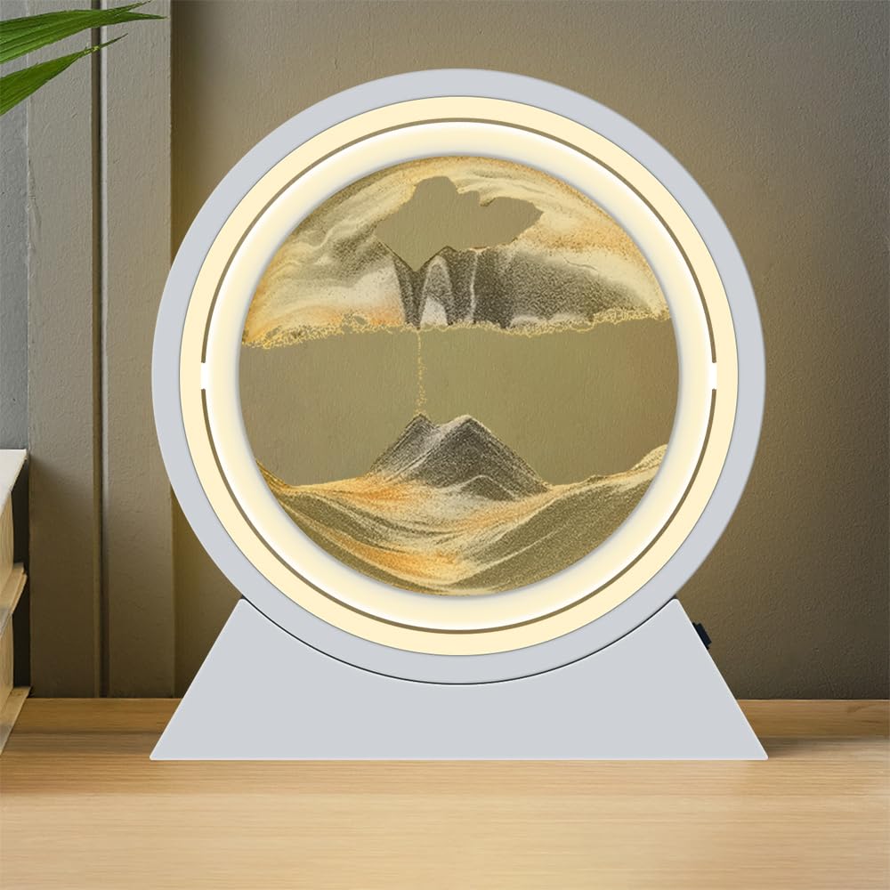 HONPHIER Moving Sand Art Pictures LED Sand Art Lamp 360° Rotating 3D Deep Sea Sandscape Round Glass Flowing Sand Painting Home Office Work Relaxing Desktop Decorations (Black)