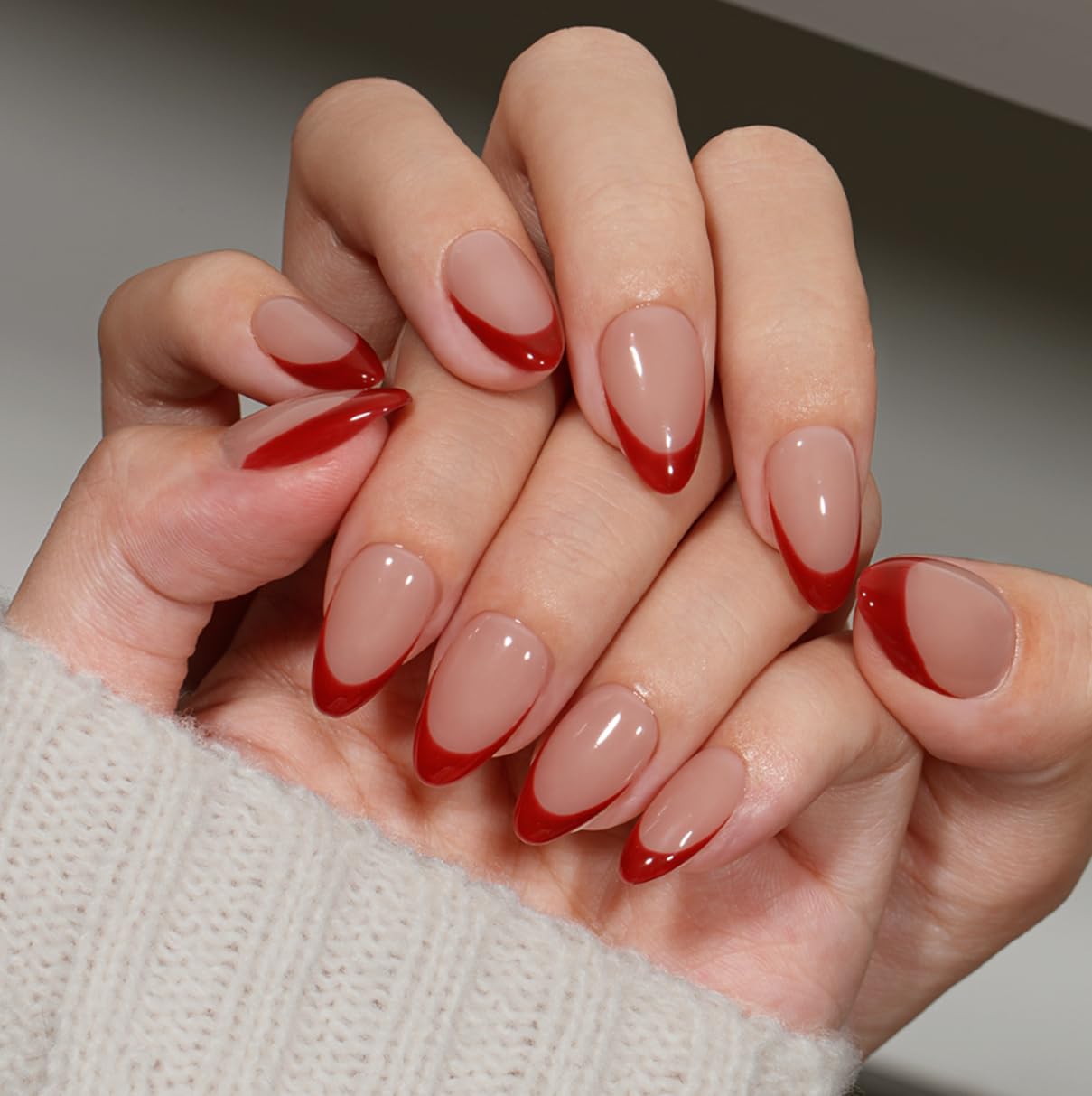 Photo 1 of ***SIMILAR ITEM***KQueenest Red French Tip Press On Nails Short Almond, 30 Pcs Press On Nails With Glue, Glossy Soft Gel Short Fake Nails Press ons, Reusable Natural Nude Glue on Nails for Women DIY Manicure