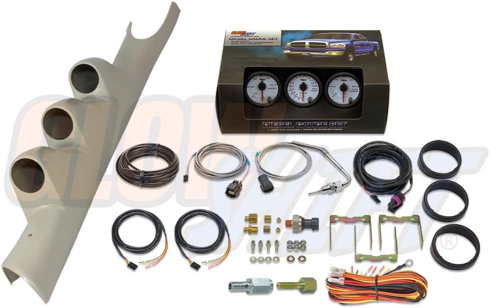 GlowShift Diesel Gauge Package for 2003-2009 Dodge Ram Cummins 2500 3500 - White 7 Color 60 PSI Boost, 1500 F Pyrometer EGT & 30 PSI Fuel Pressure Gauges - Factory Color Matched Triple Pillar Pod