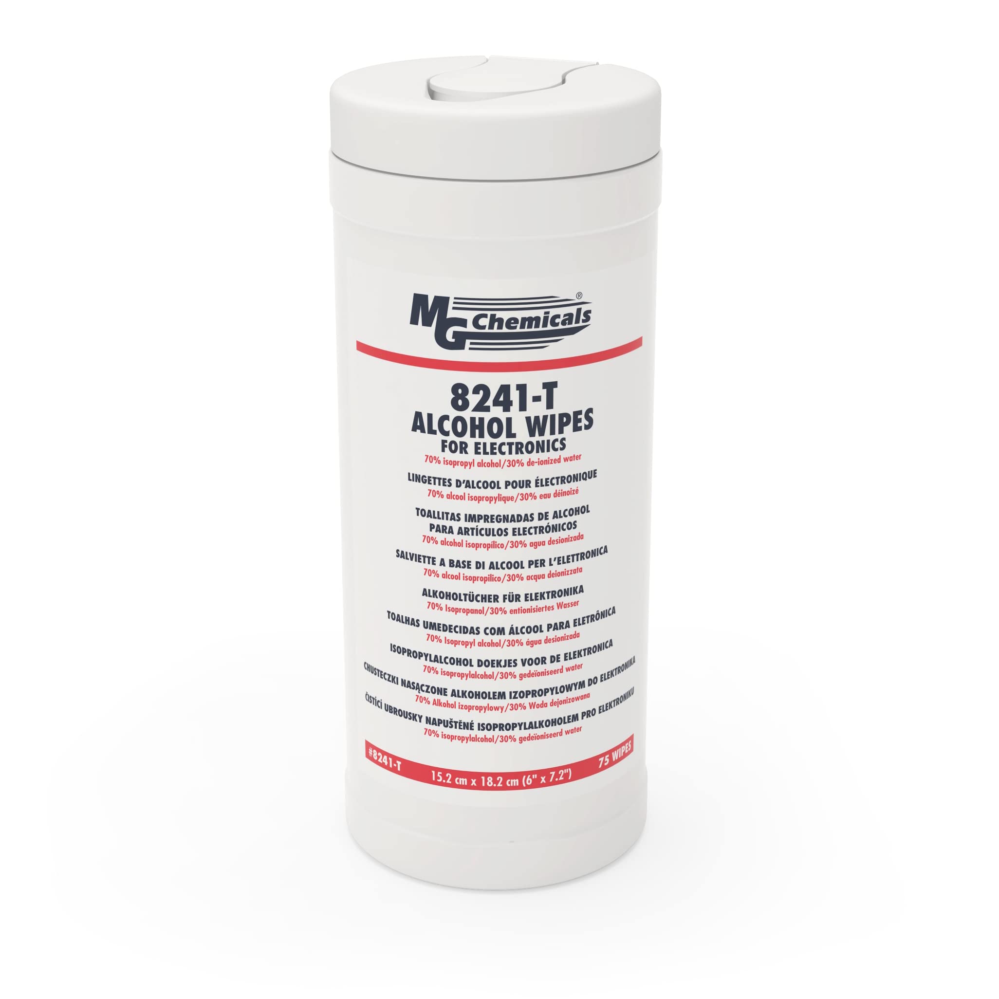 MG Chemicals 8241-T 70/30 IPA Multi-Use, Food Safe Cleaning, Presaturated Wipes for Surfaces, alcohol wipes (Tub of 75 wipes)