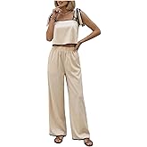 winkbay Women's 2 Piece Going Out Outfits Summer Tie Shoulder Crop Top and Pants Vacation Sets