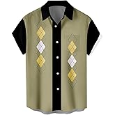 Men's Vintage Bowling Shirts 1950s Casual Short Sleeve Button Up Contrast Shirt Summer Color Block Cuban Shirts