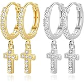2 Pairs Rhinestone Cross Hoop Earrings for Women Small Hoops Dangle Earring CZ Huggie Hoops with Charm Drop Lightweight Dainty Jewelry