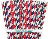 Outside the Box Papers Baseball Theme Stars and Striped Paper Straws 7.75 Inches 100 Pack Red, White, Blue