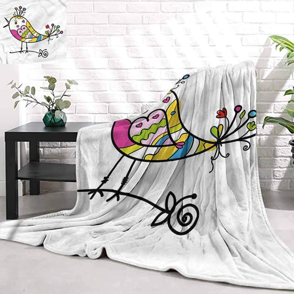 Sofa Portable Car Travel Blanket BirdOrnamental Doodle Bird Singing Soft Blanket for Living Room Sofa W90 x L70 inch