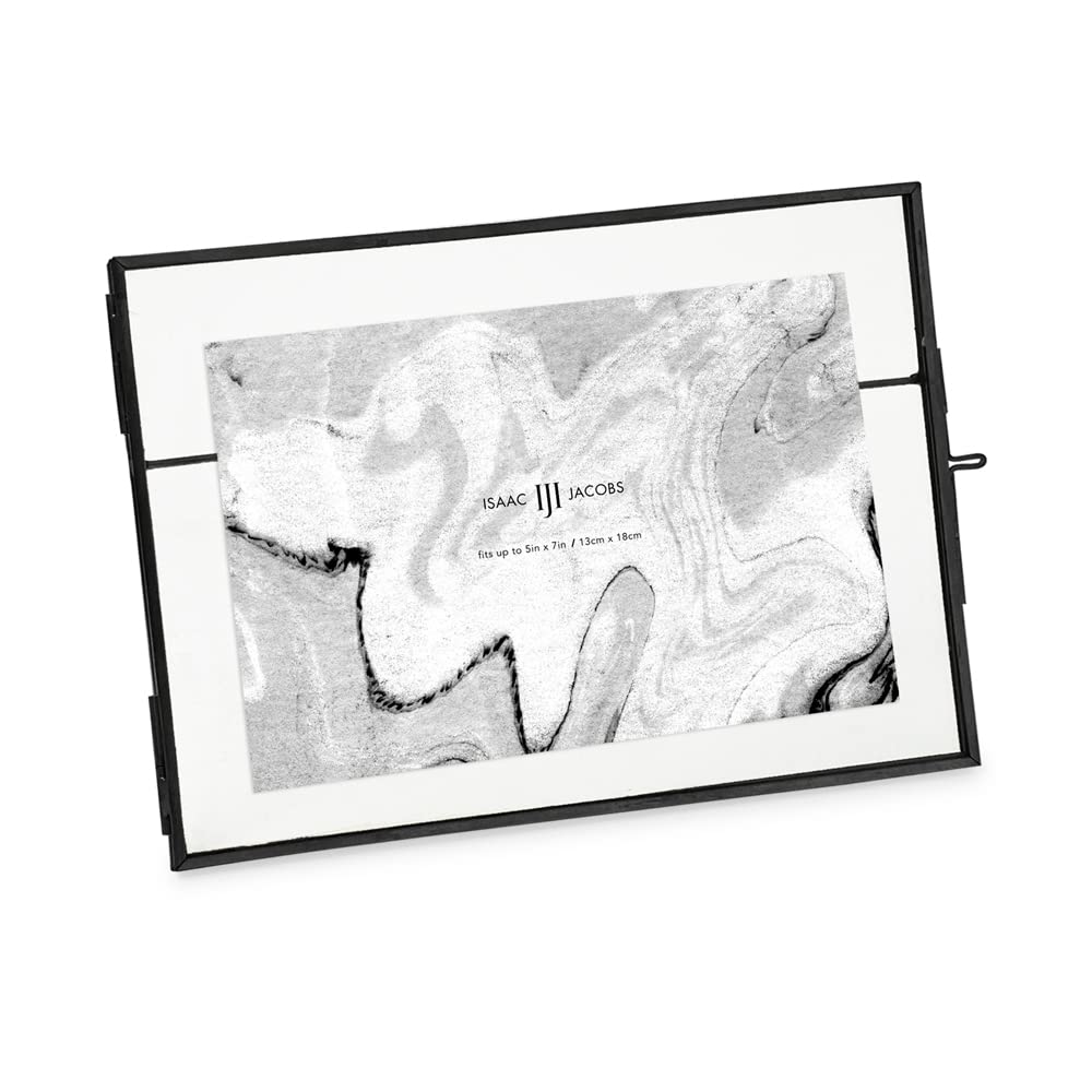 Isaac Jacobs 7x5, Black Modern Style Brass and Glass, Pressed Glass, Metal Floating Desk Photo Frame (Horizontal), with Locket Closure for Pictures, Art, Mementos & Keepsakes (7x5, Black)