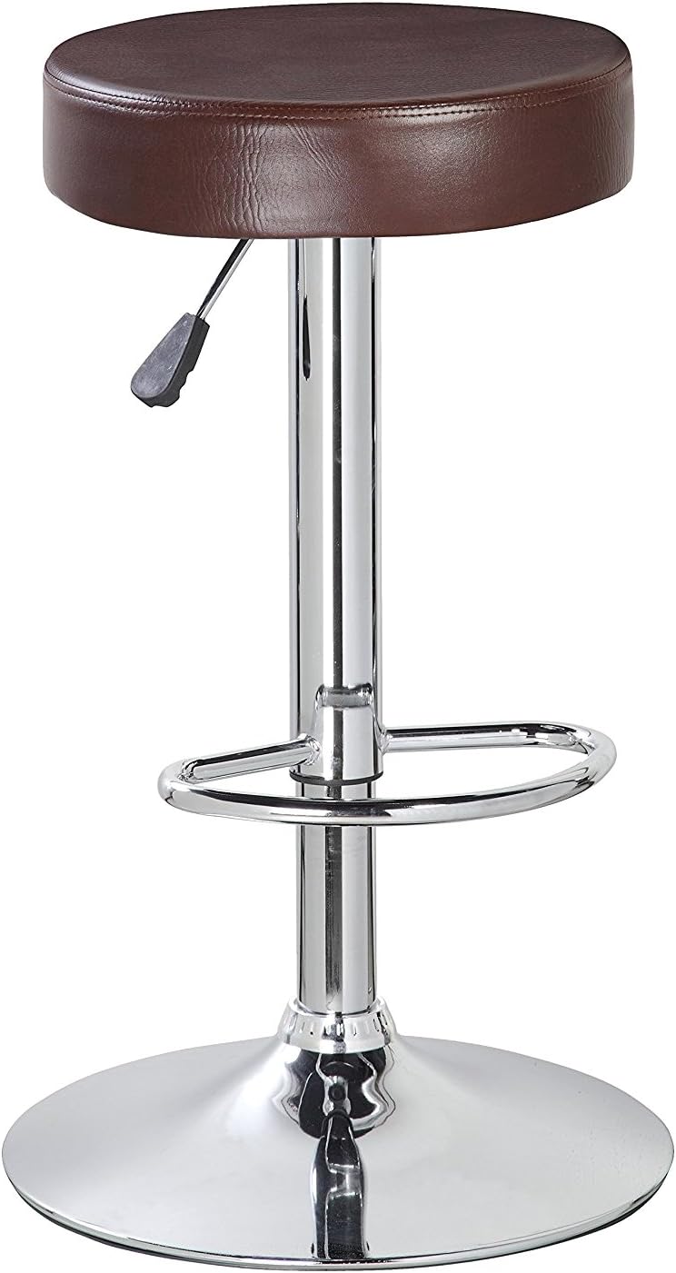 NORDIN Adjustable Round High Bar Stools | Swivel Backless Counter Height with Footing | Brown PU Leather
